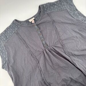 Knox Rose Henley Top Women XL Grey NEW Embroidered Boho Cap Sleeve Blouse